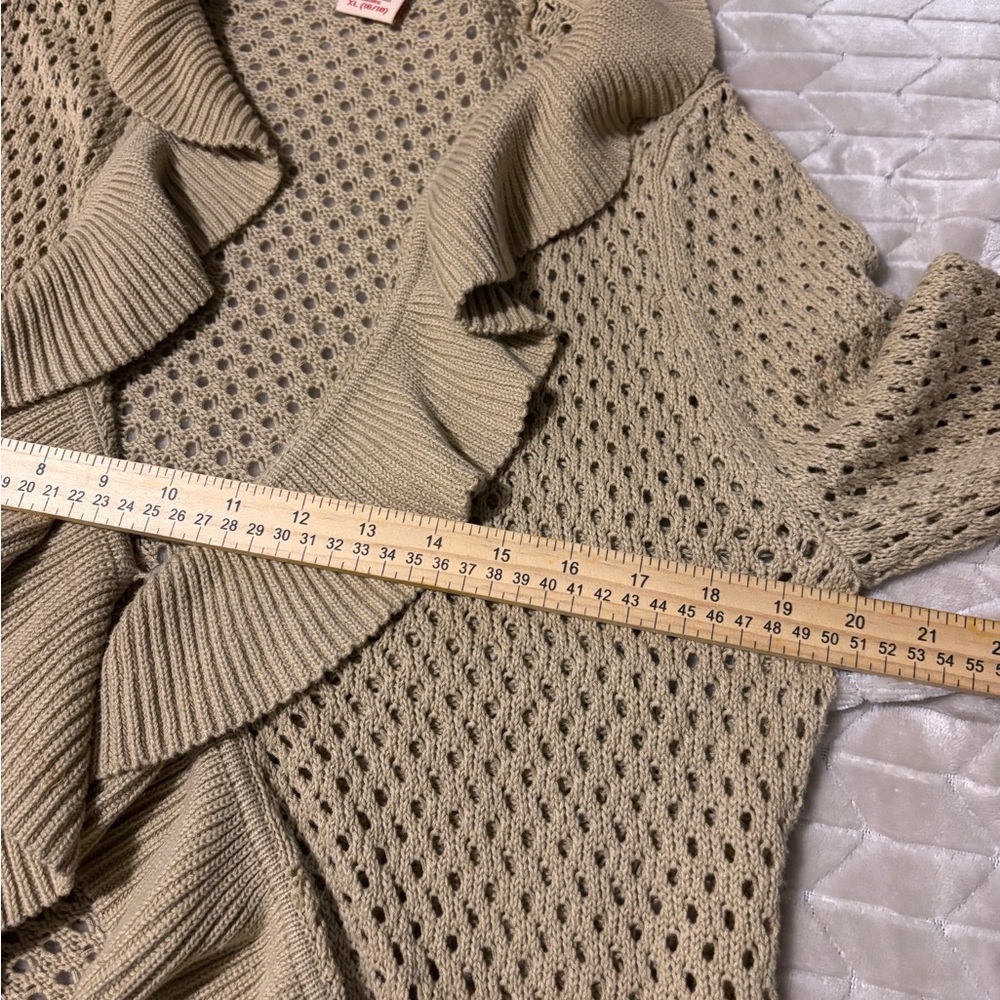 Vtg Pointelle Knit Cardigan XL Tan Ruffle Bell Sleeve Coquette Coastal Boho Doll - Picture 16 of 16
